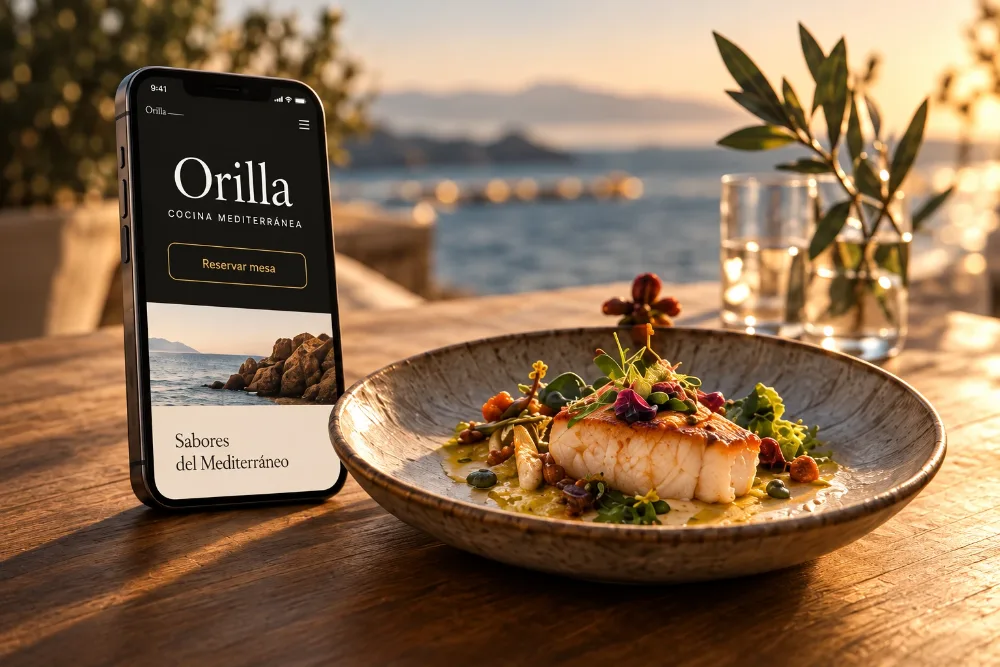 Foto de ejemplo: un plato mediterráneo junto a un móvil con la web del restaurante Orilla (negocio inventado)