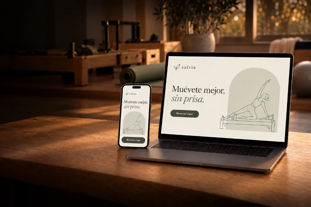 Web del estudio de pilates Salvia en ordenador y móvil, diseñada por Keubz Digital (negocio inventado)