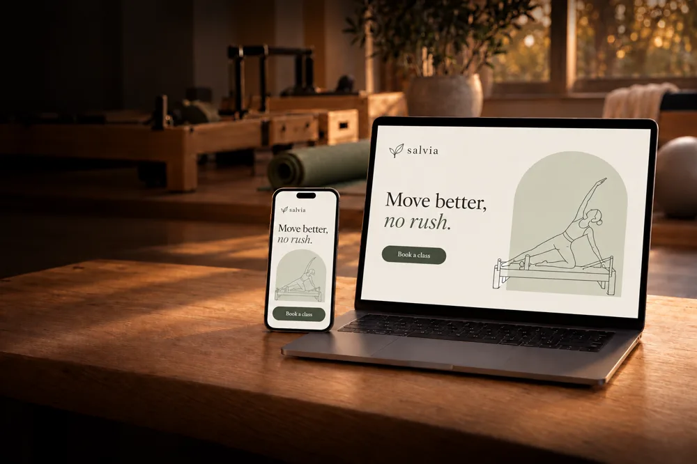 Salvia pilates studio website on laptop and phone, designed by Keubz Digital (made-up business)