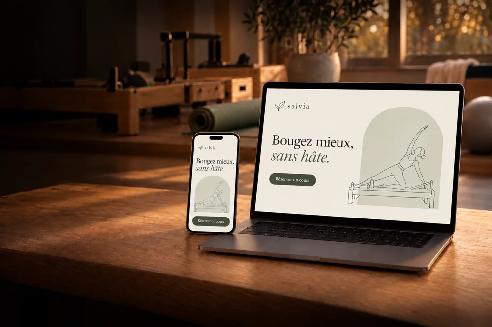 Site du studio de pilates Salvia sur ordinateur et mobile, conçu par Keubz Digital (commerce inventé)