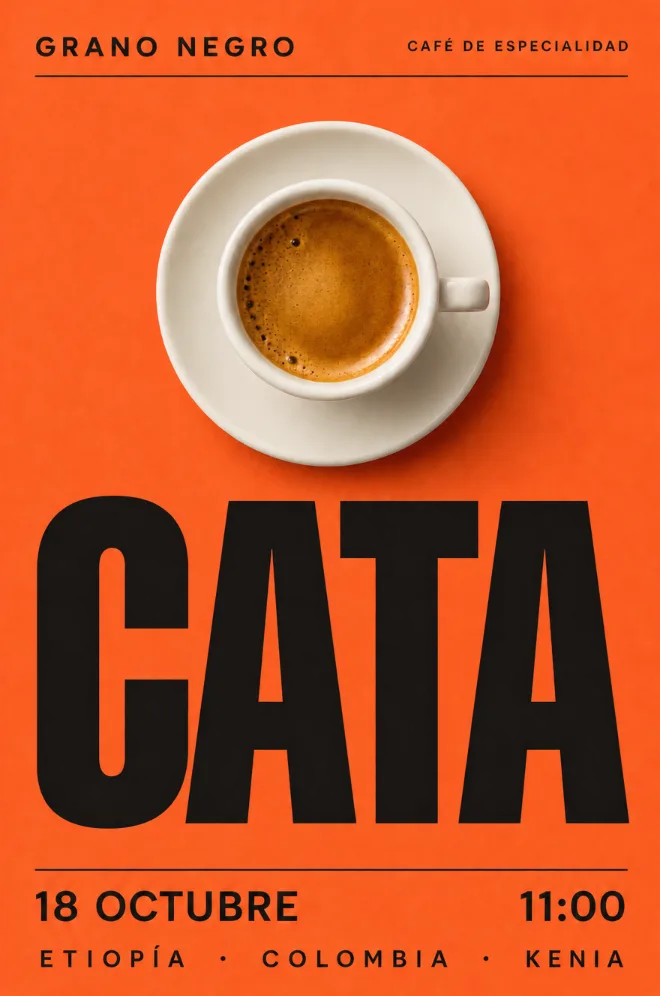 Cartel de una cata de café de Grano Negro diseñado por Keubz Digital (negocio inventado)