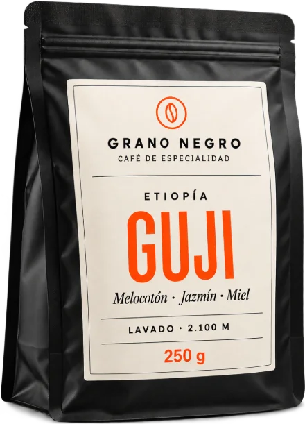 Etiqueta de café Grano Negro (Etiopía, Guji) diseñada por Keubz Digital (negocio inventado)